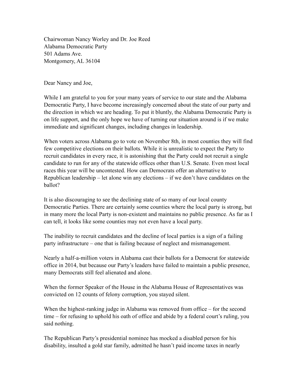 Letter to AL Dem Leadership