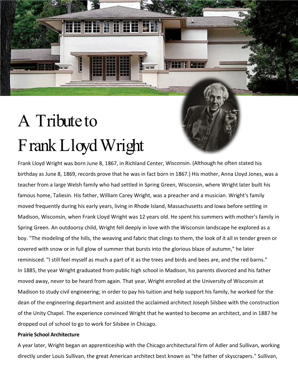 A Tribute to Frank Lloyd Wright