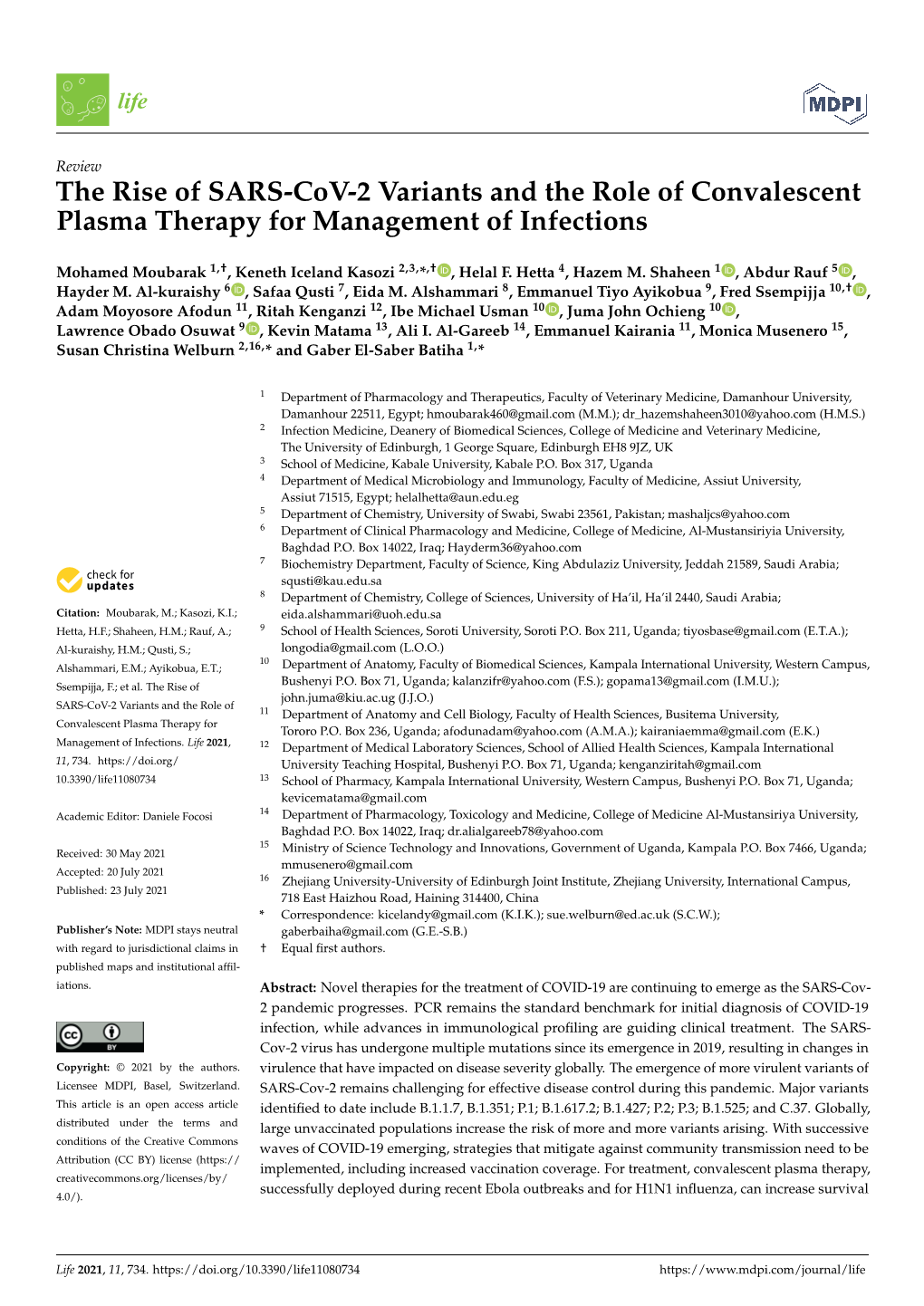 The Rise of SARS-Cov-2 Variants and the Role of Convalescent Plasma Therapy for Management of Infections