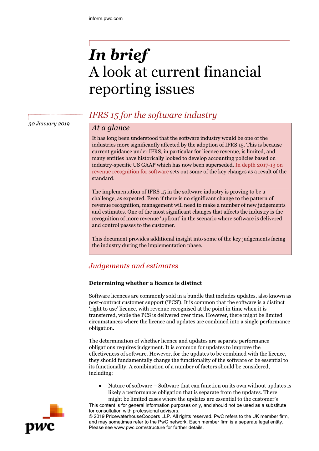 IFRS 15 for the Software Industry: Pwc in Brief