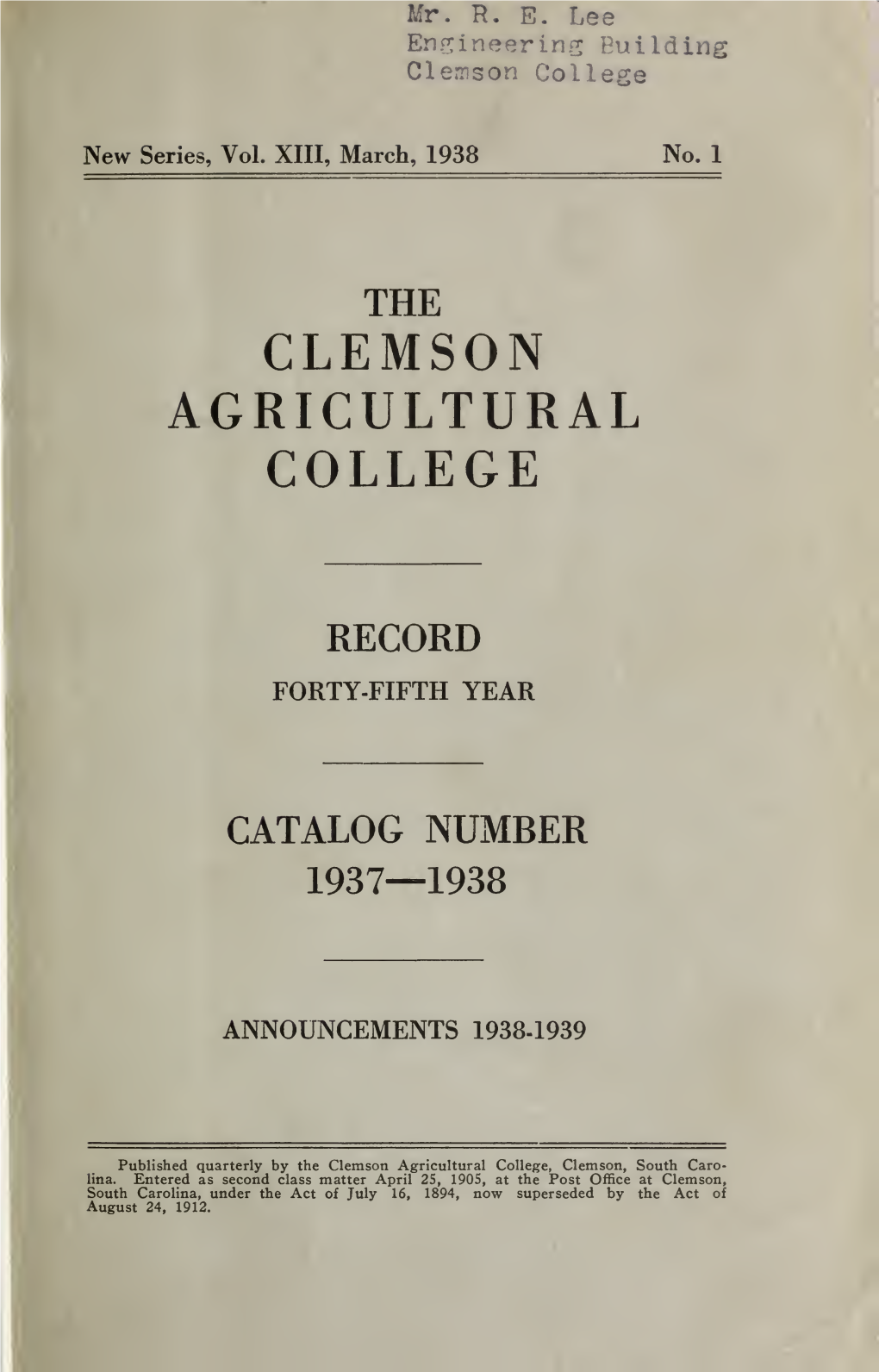 Clemson Catalog, 1937-1938, Volume 13