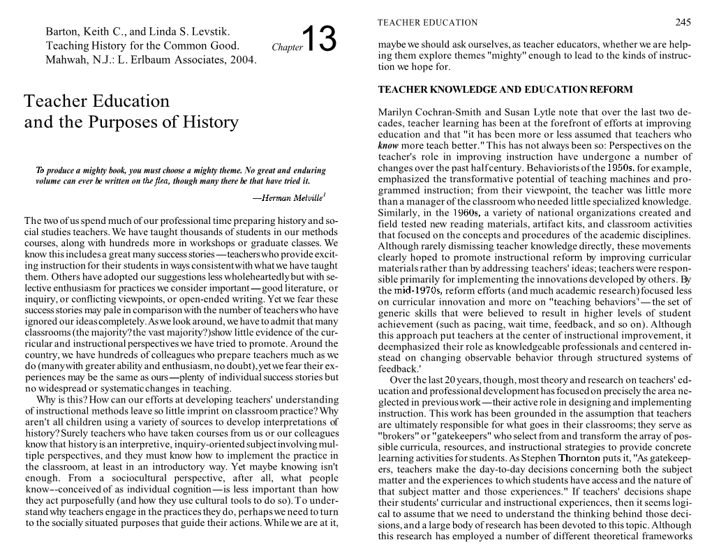 Teacher Education and the Purposes of History