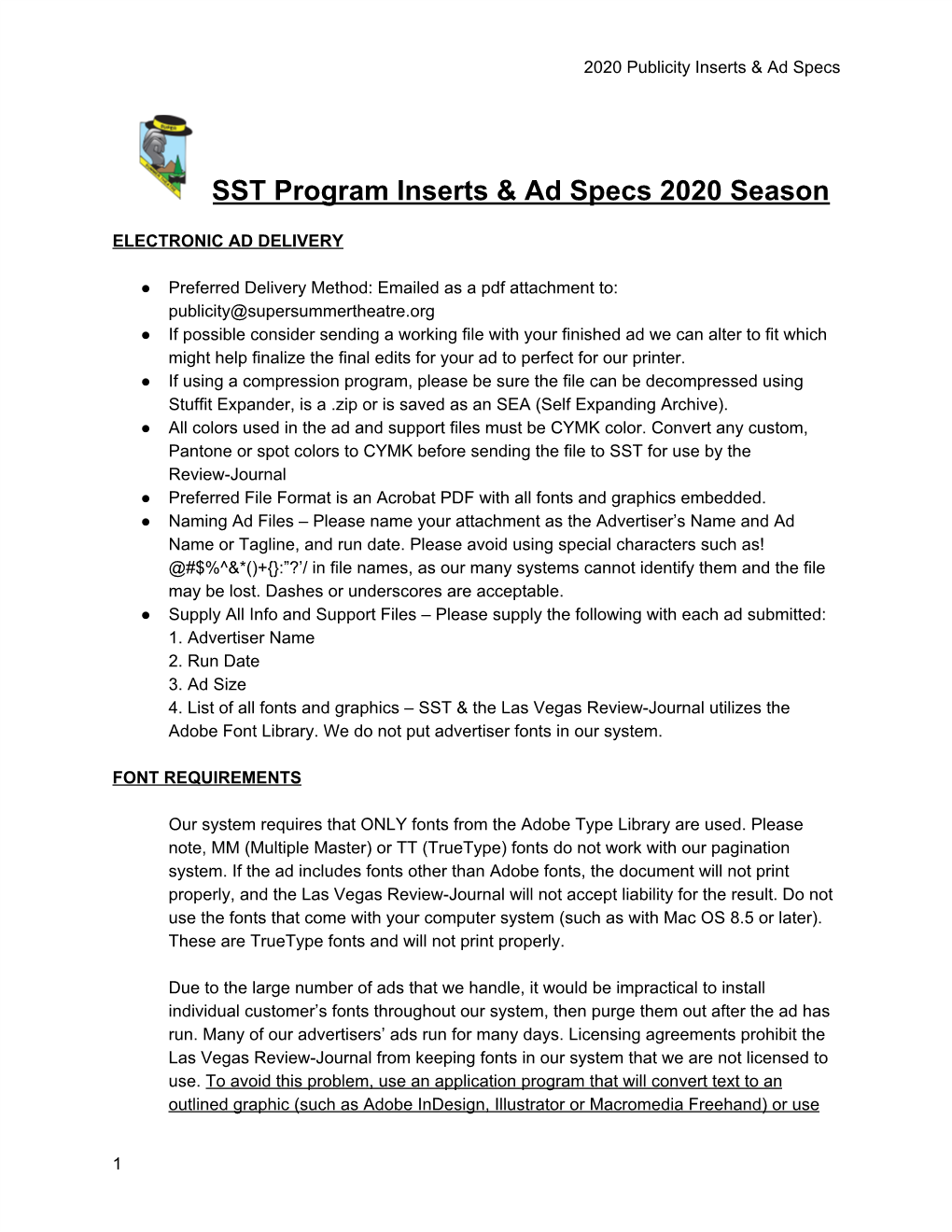 SST Program Inserts & Ad Specs 2020 Season