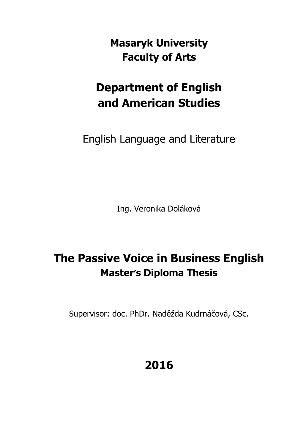 Department of English and American Studies the Passive Voice In