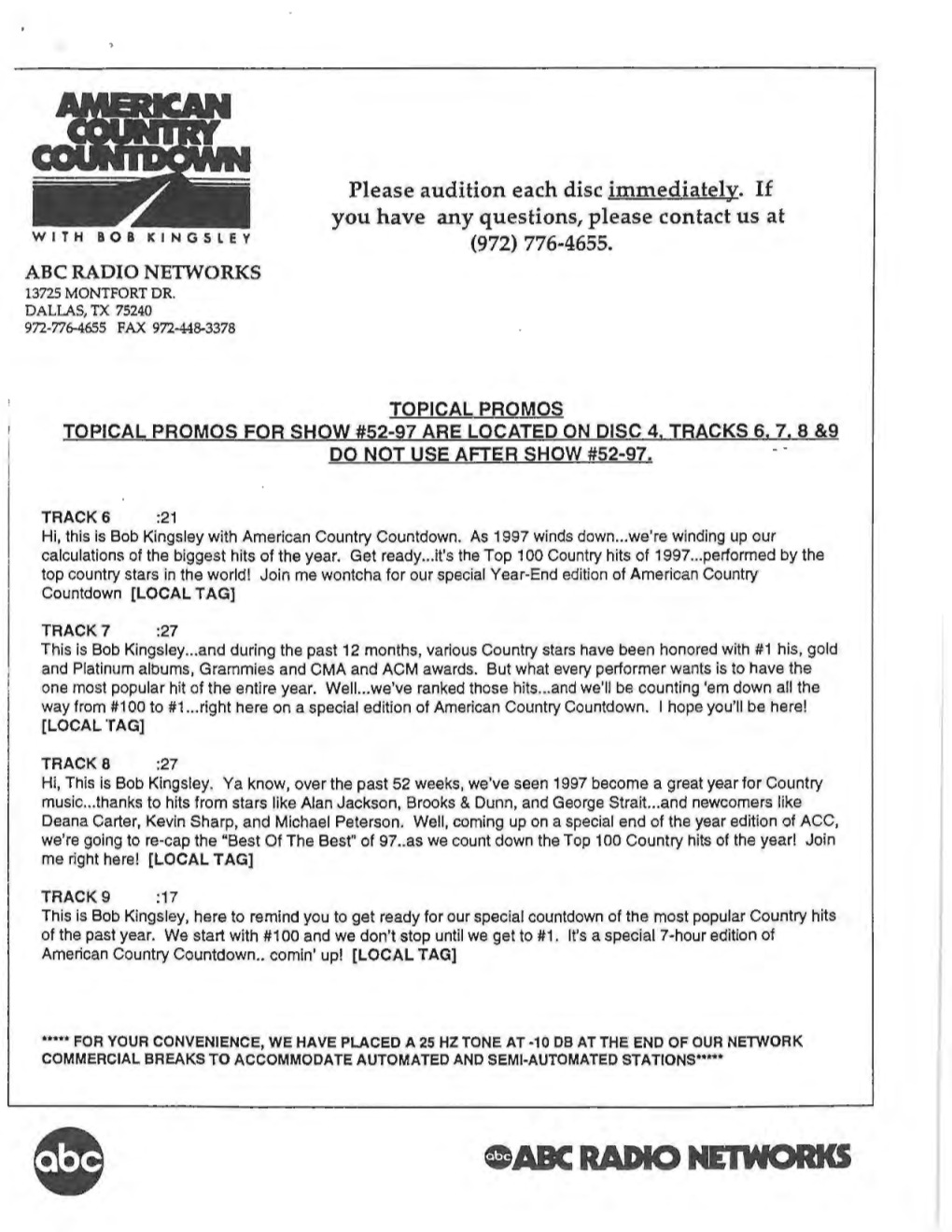 Oabc Radio Networks American Broadcast Window 12/27-1/01/98 Country Hours 1 &2 Show # 52 Year-End Top 100