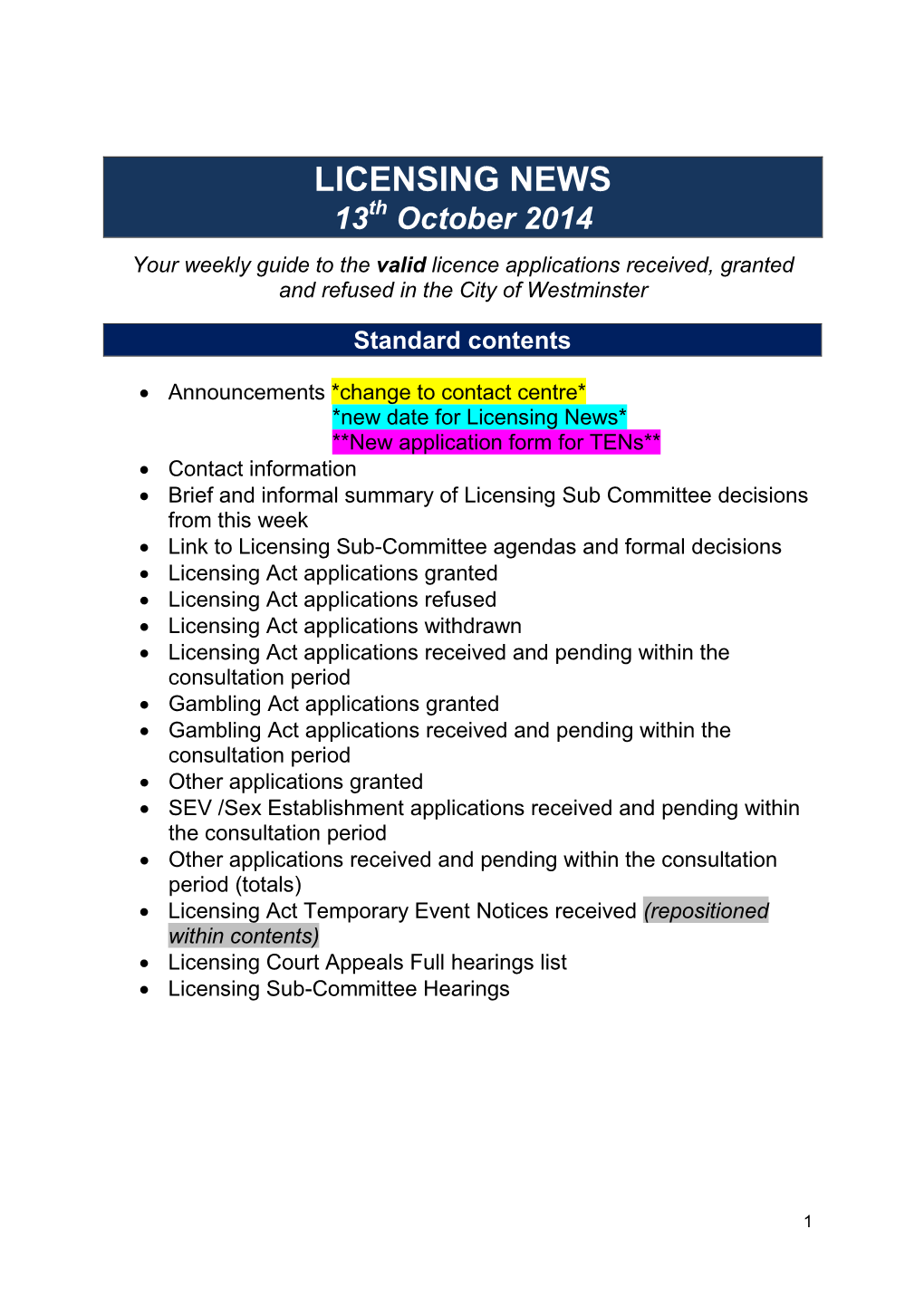 LICENSING NEWS 13Th October 2014