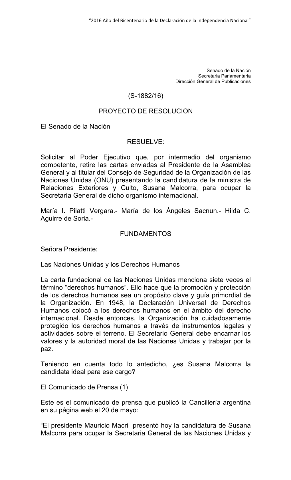 (S-1882/16) PROYECTO DE RESOLUCION El Senado De La