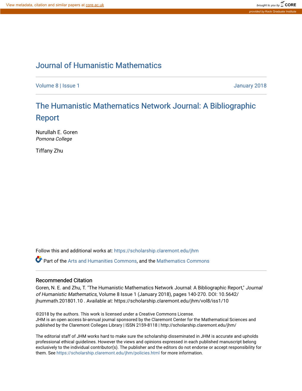 The Humanistic Mathematics Network Journal: a Bibliographic Report