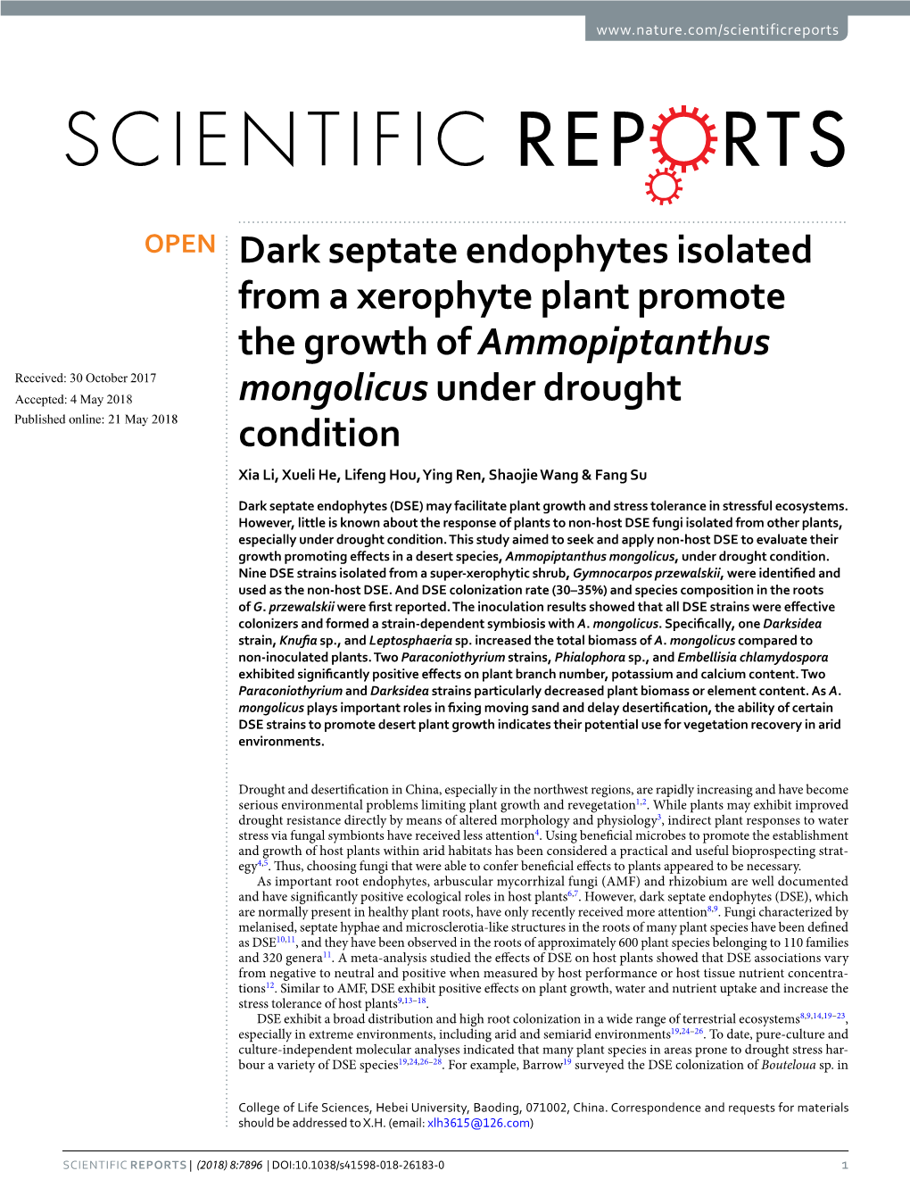 Dark Septate Endophytes Isolated from a Xerophyte Plant Promote the Growth of Ammopiptanthus Mongolicus Under Drought Condition