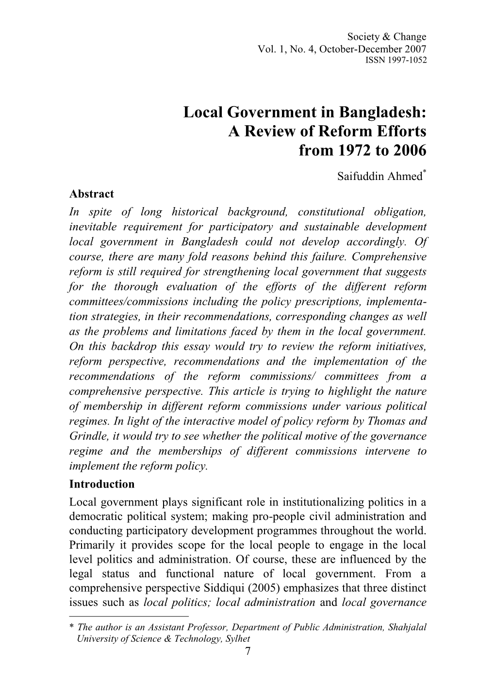 Actors and Factors of Local Government in Bangladesh