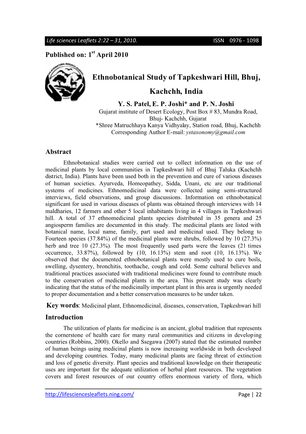 Ethnobotanical Study of Tapkeshwari Hill, Bhuj, Kachchh, India Y