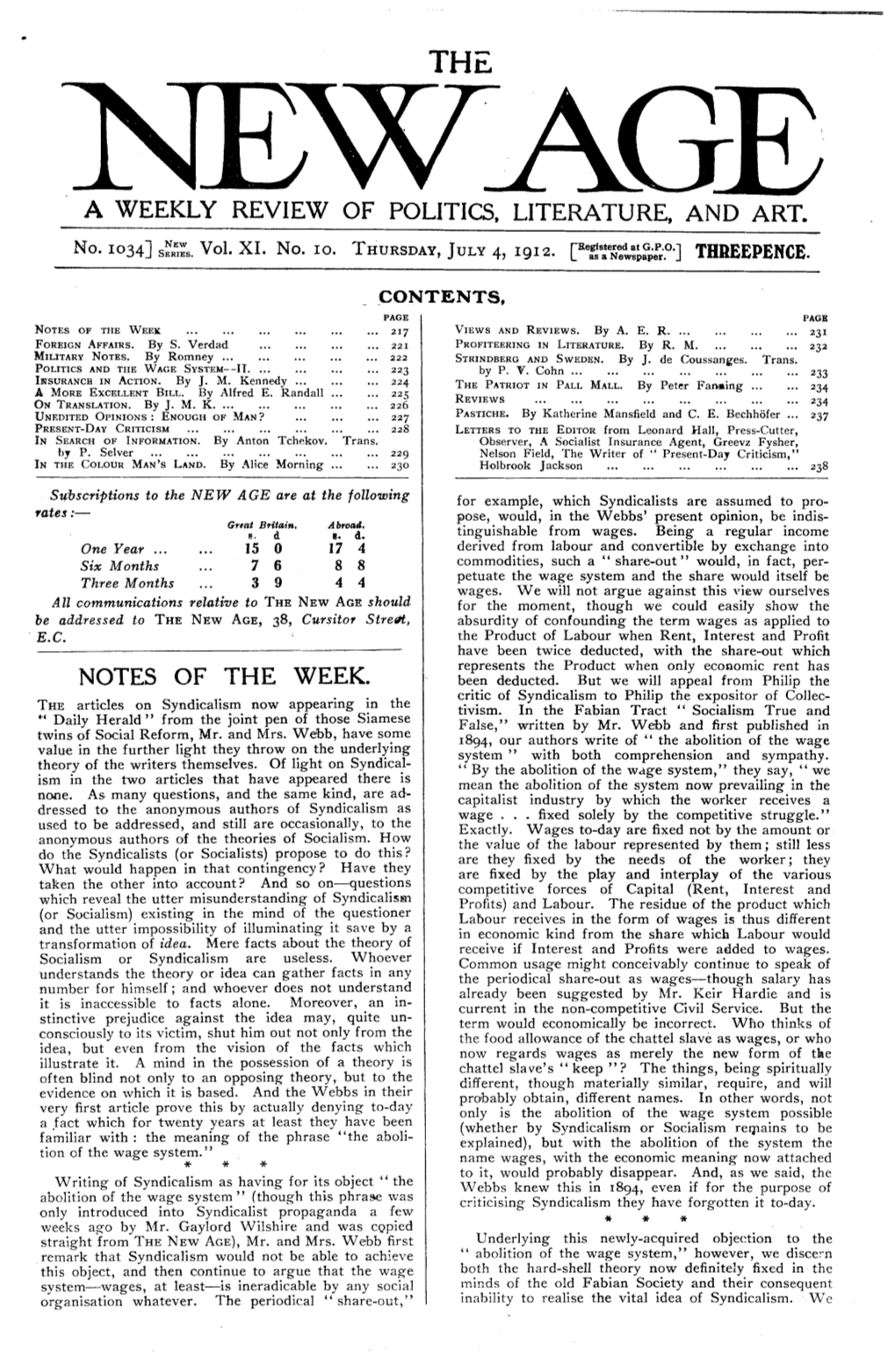 The New Age, Vol.11, No.10, July 4, 1912