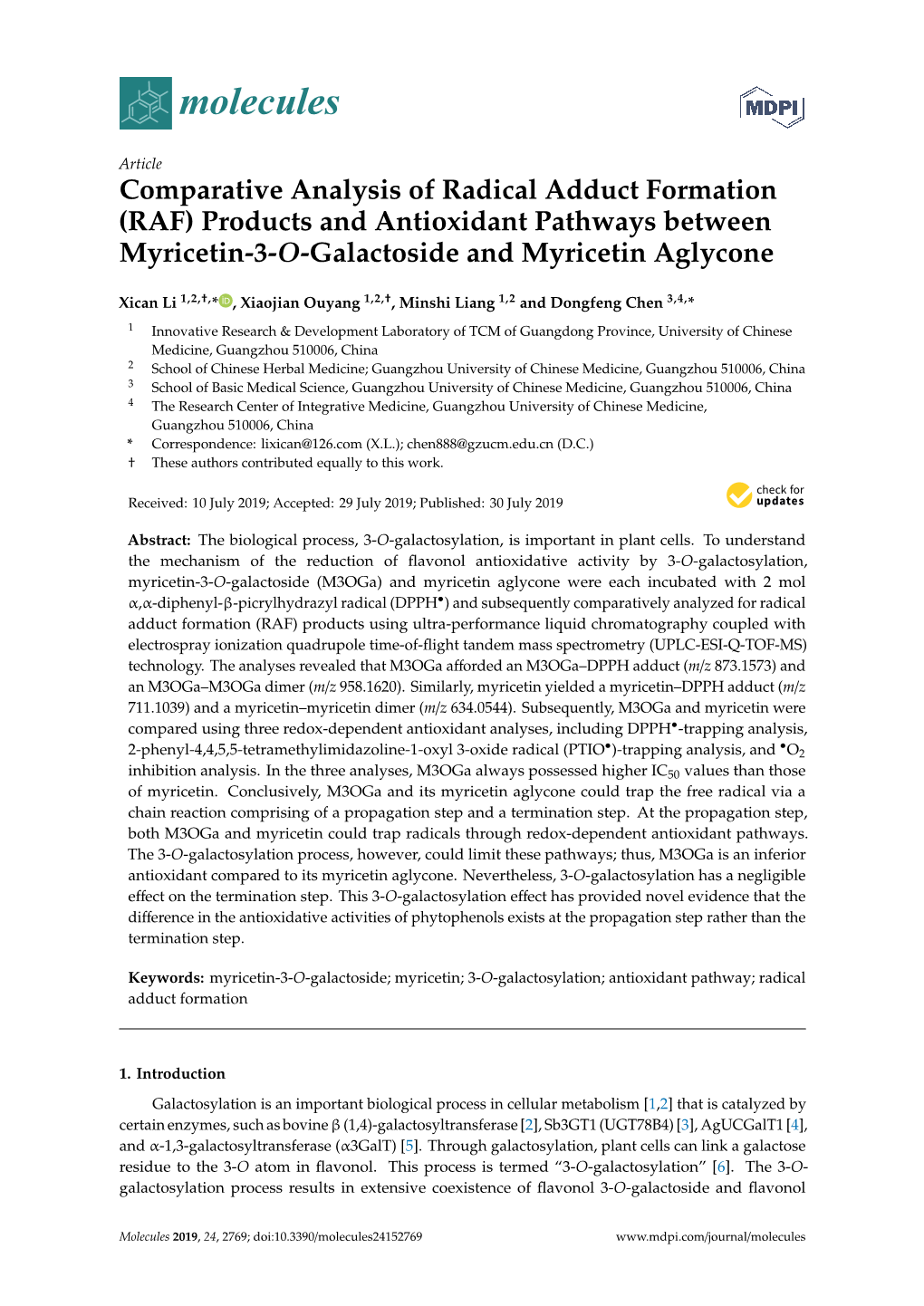 Comparative Analysis of Radical Adduct Formation (RAF) Products and Antioxidant Pathways Between Myricetin-3-O-Galactoside and Myricetin Aglycone