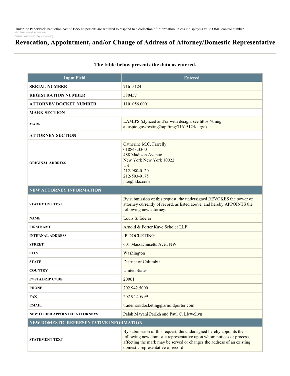 Revocation, Appointment, And/Or Change of Address of Attorney/Domestic Representative