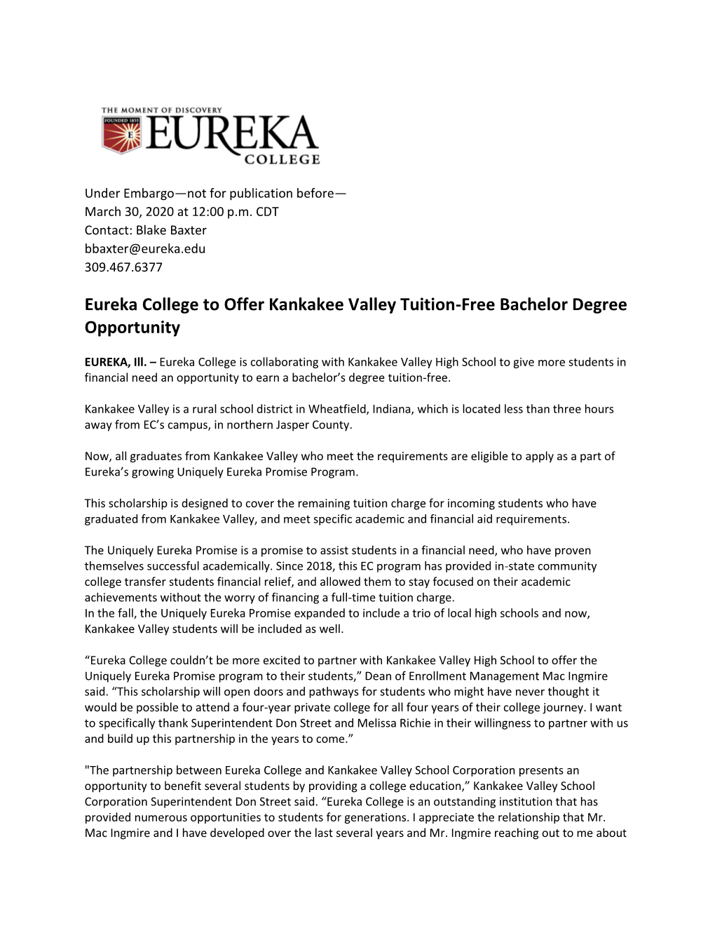 Eureka College to Offer Kankakee Valley Tuition-Free Bachelor Degree Opportunity