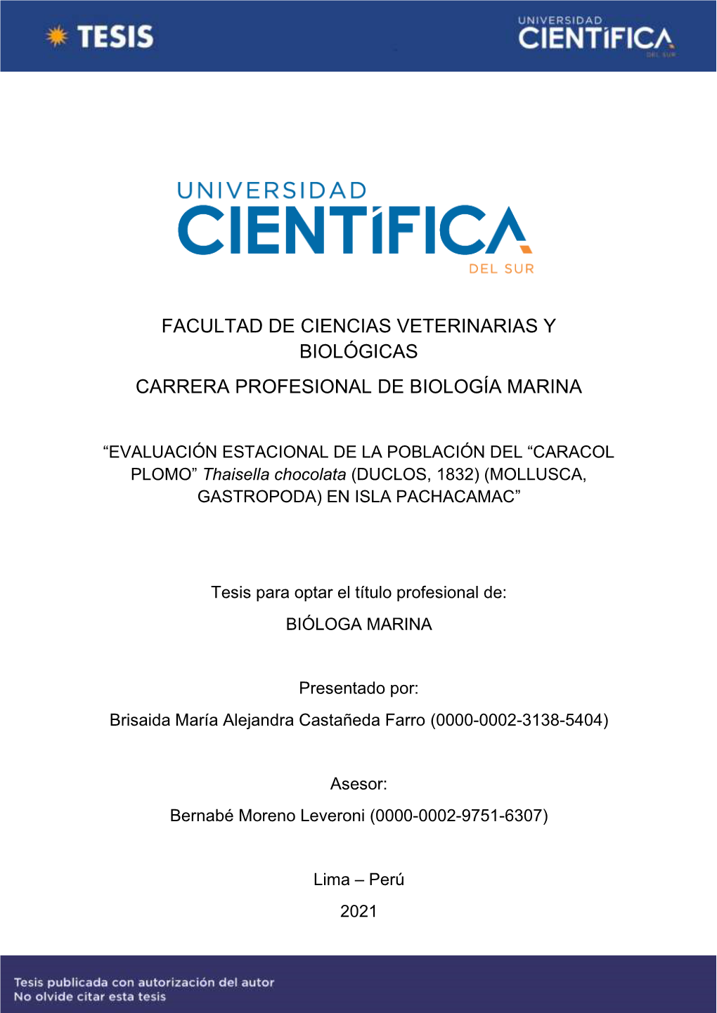 Facultad De Ciencias Veterinarias Y Biológicas Carrera Profesional De Biología Marina