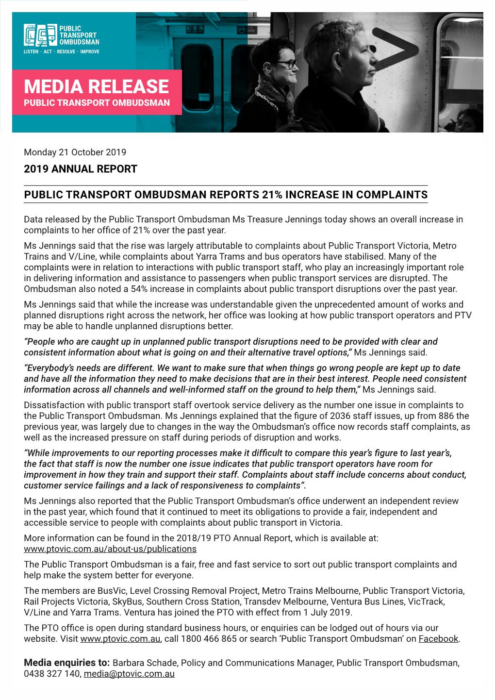 Media Release Public Transport Ombudsman