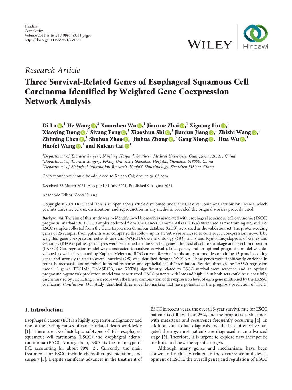 Three Survival-Related Genes of Esophageal Squamous Cell Carcinoma Identified by Weighted Gene Coexpression Network Analysis