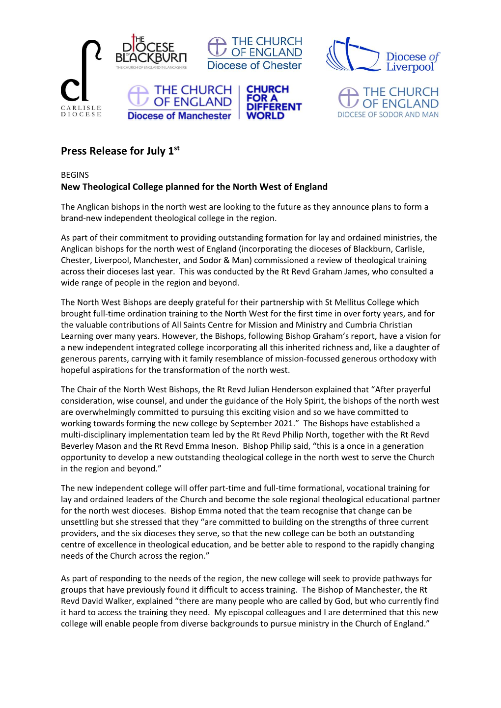 July 1 Press Release from the Anglican Bishops for the North West
