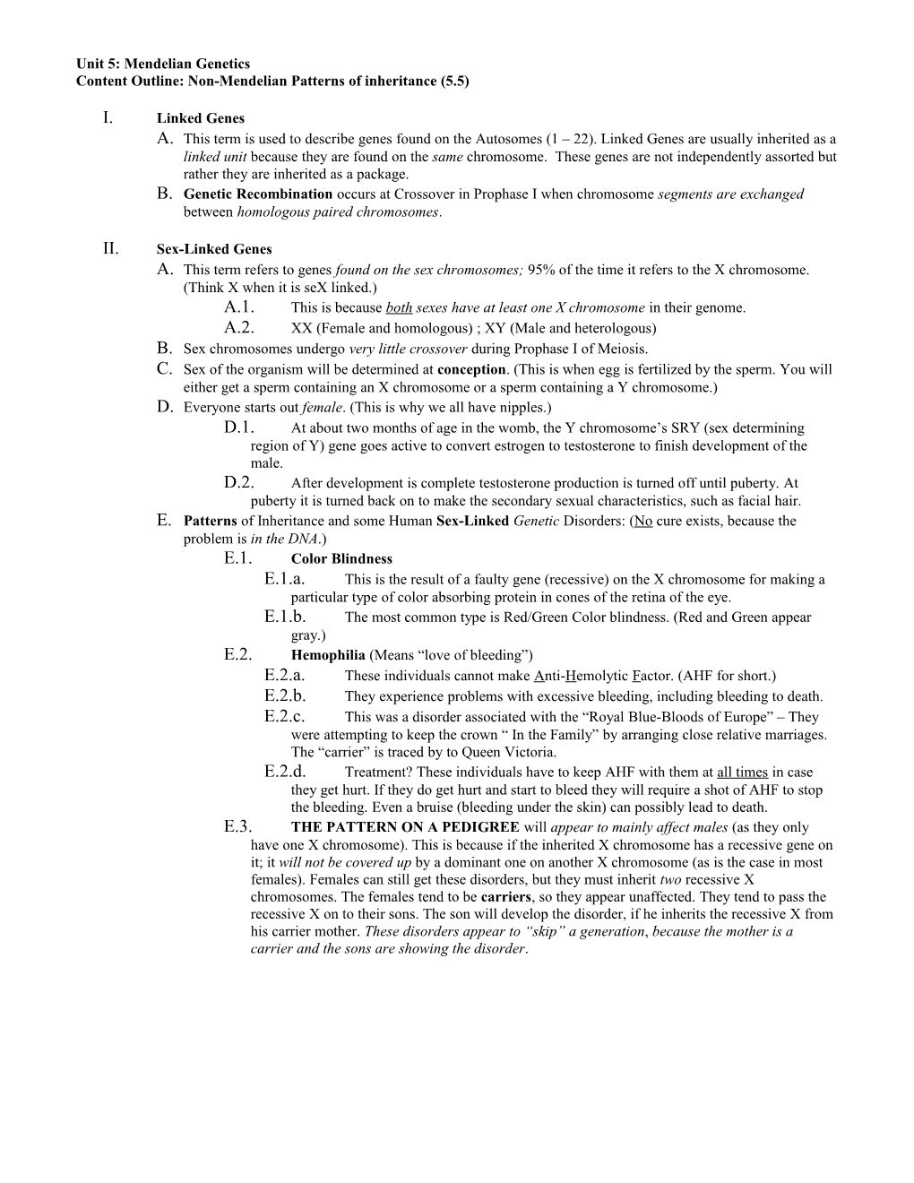 Content Outline: Non-Mendelian Patterns of Inheritance (5.5)