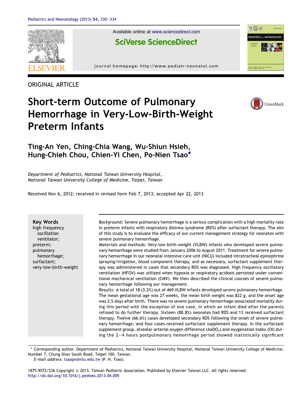 Short-Term Outcome of Pulmonary Hemorrhage in Very-Low-Birth-Weight Preterm Infants