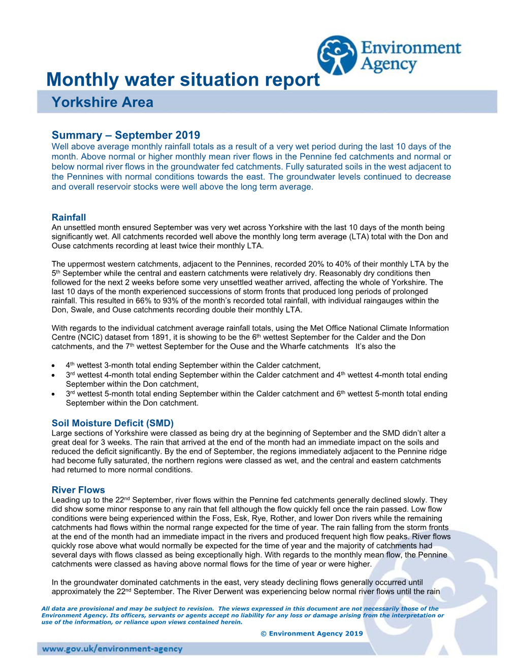 Monthly Water Situation Report Yorkshire Area