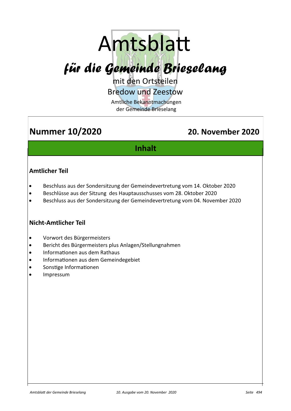 Amtsblatt Für Die Gemeinde Brieselang Mit Den Ortsteilen Bredow Und Zeestow Amtliche Bekanntmachungen Der Gemeinde Brieselang