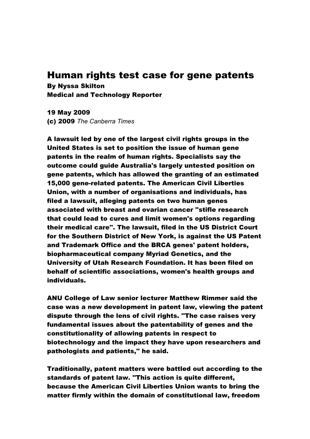 Human Rights Test Case for Gene Patents