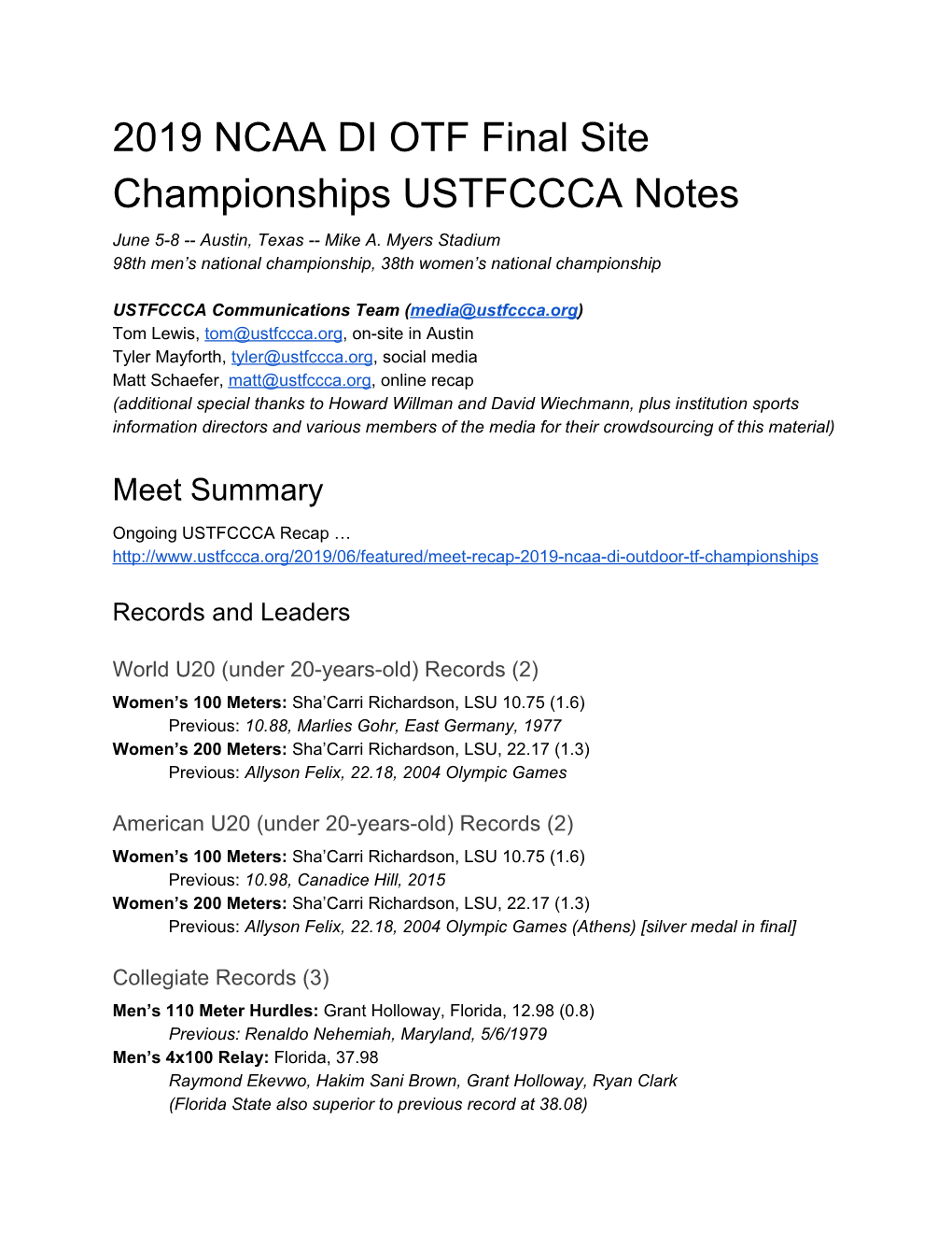 2019 NCAA DI OTF Final Site Championships USTFCCCA Notes June 5-8 -- Austin, Texas -- Mike A