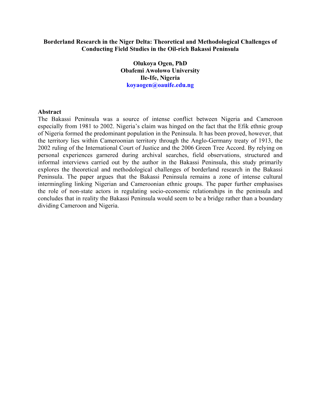 Borderland Research in the Niger Delta: Theoretical and Methodological Challenges of Conducting Field Studies in the Oil-Rich Bakassi Peninsula