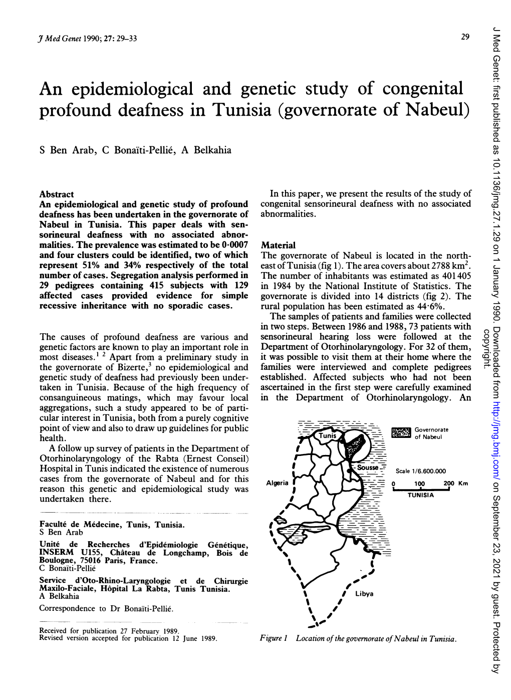 An Epidemiological and Genetic Study of Congenital Profound Deafness in Tunisia (Governorate of Nabeul)