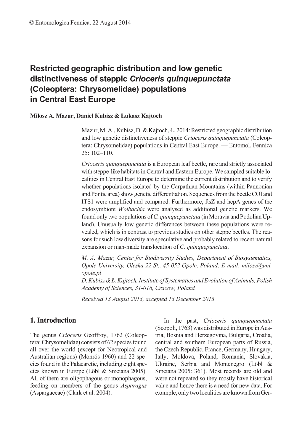 (Coleoptera: Chrysomelidae) Populations in Central East Europe