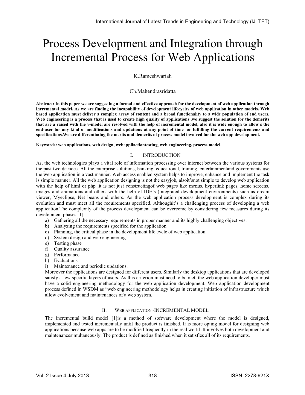 Process Development and Integration Through Incremental Process for Web Applications