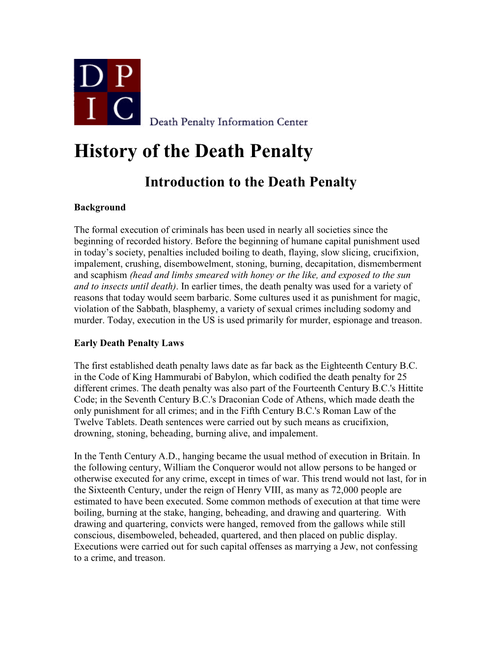 History of the Death Penalty