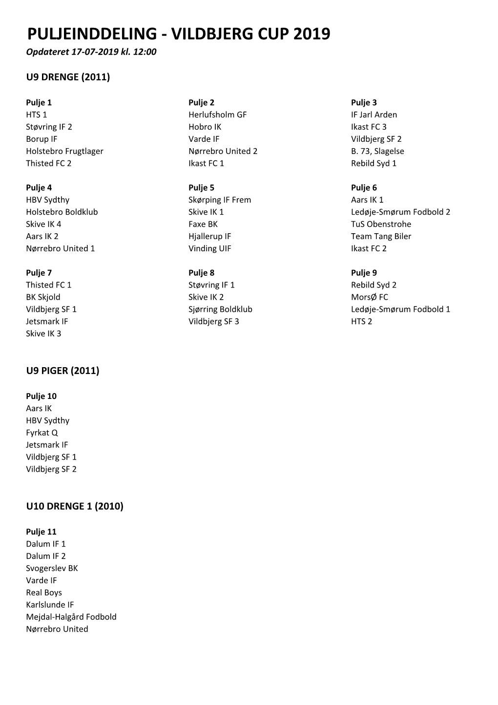 PULJEINDDELING - VILDBJERG CUP 2019 Opdateret 17-07-2019 Kl