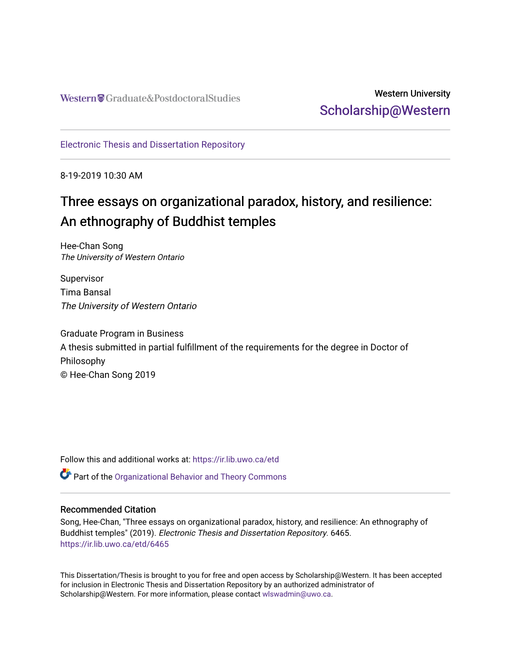 Three Essays on Organizational Paradox, History, and Resilience: an Ethnography of Buddhist Temples