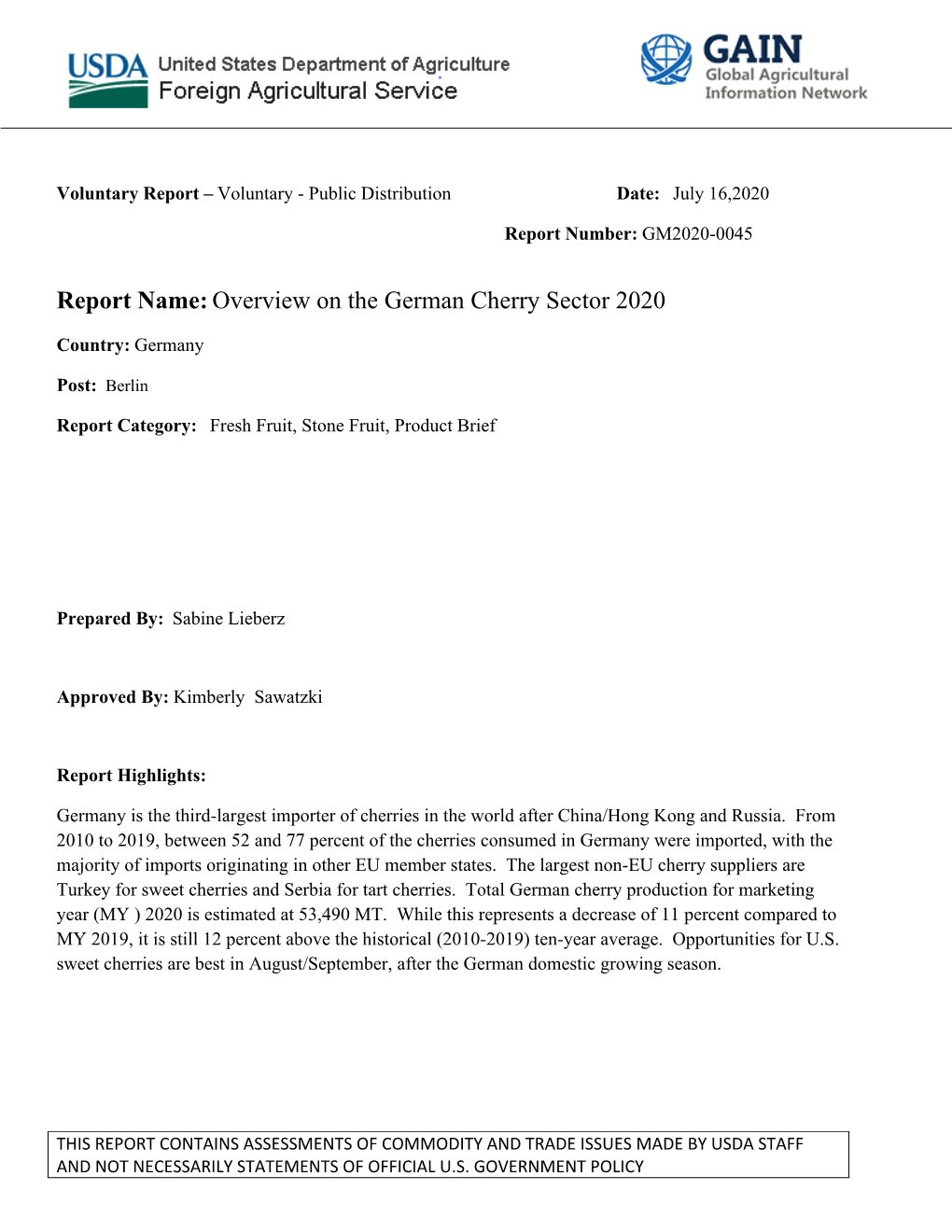 Report Name:Overview on the German Cherry Sector 2020