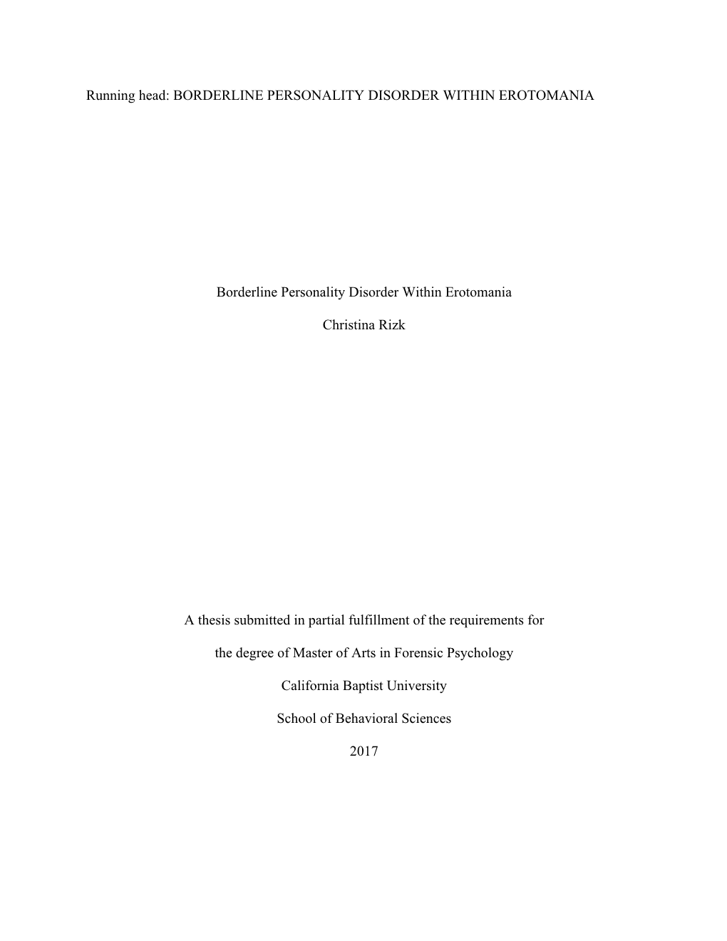 Running Head: BORDERLINE PERSONALITY DISORDER WITHIN EROTOMANIA