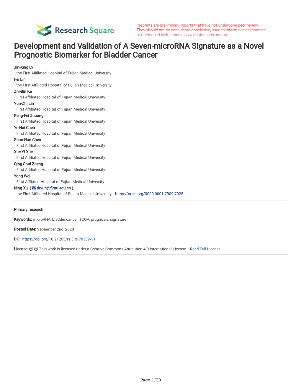 Development and Validation of a Seven-Microrna Signature As a Novel Prognostic Biomarker for Bladder Cancer