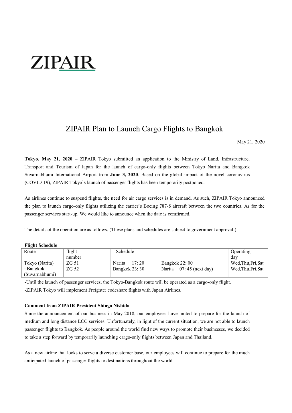 ZIPAIR Plan to Launch Cargo Flights to Bangkok