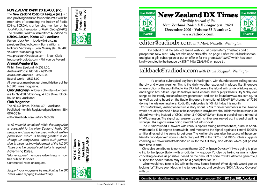 New Zealand DX Times Main Aim of Promoting the Hobby of Radio Monthly Journal of the Dxing