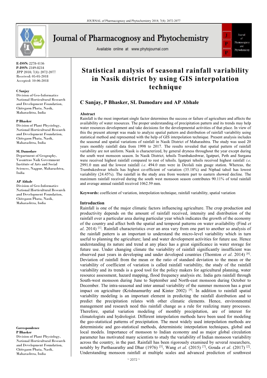 Statistical Analysis of Seasonal Rainfall Variability in Nasik District by Using
