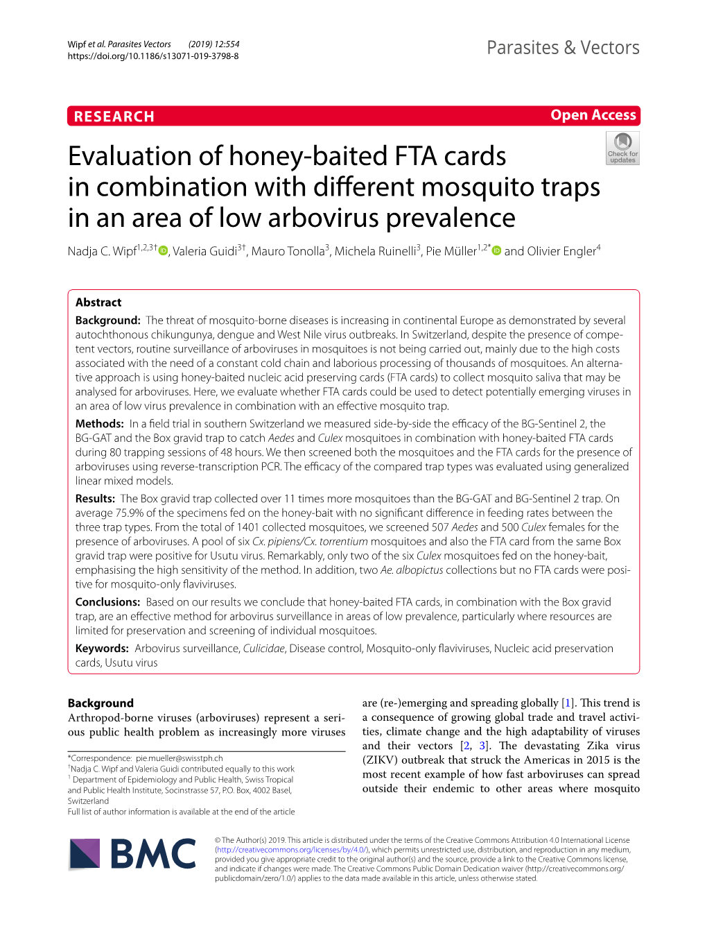 Evaluation of Honey-Baited FTA Cards in Combination with Different