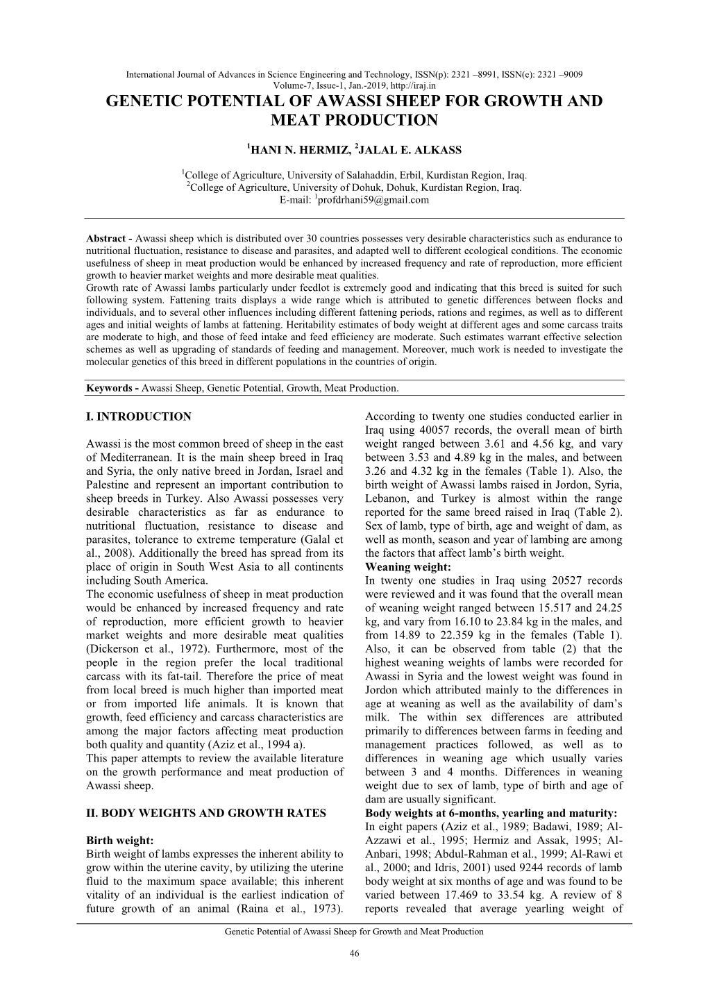 Genetic Potential of Awassi Sheep for Growth and Meat Production