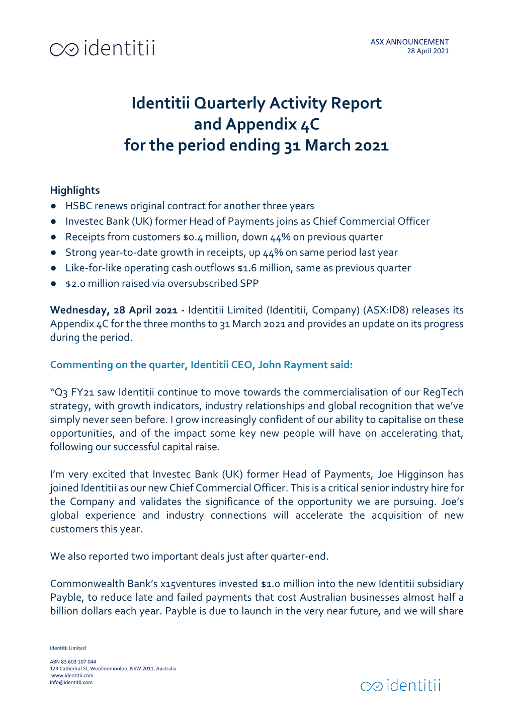 Identitii Quarterly Activity Report and Appendix 4C for the Period Ending 31 March 2021
