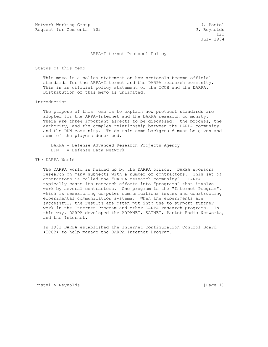 902 J. Reynolds ISI July 1984 ARPA-Internet Protocol Policy Status