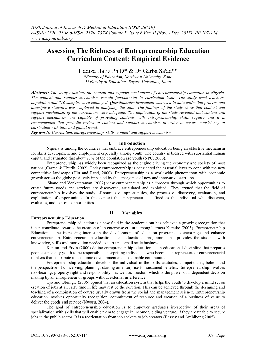 Assessing the Richness of Entrepreneurship Education Curriculum Content: Empirical Evidence