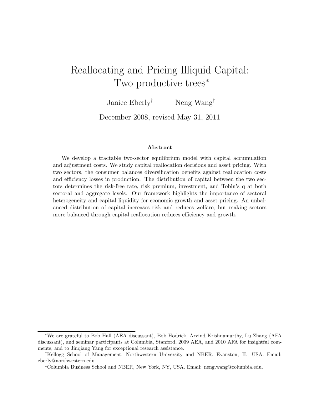 Reallocating and Pricing Illiquid Capital: Two Productive Trees∗