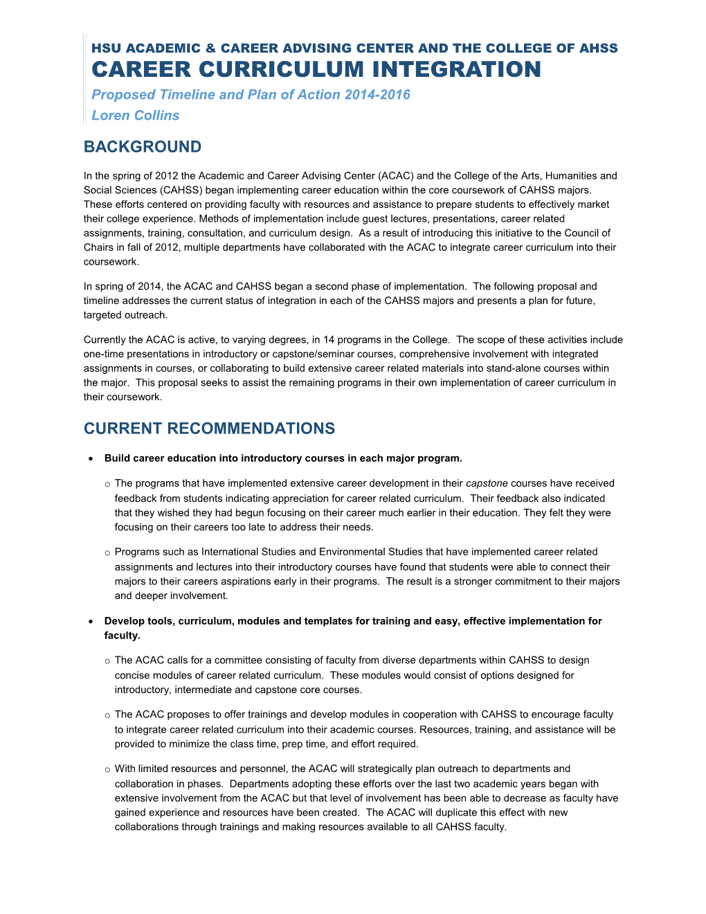 Proposed Timeline and Plan of Action 2014-2016