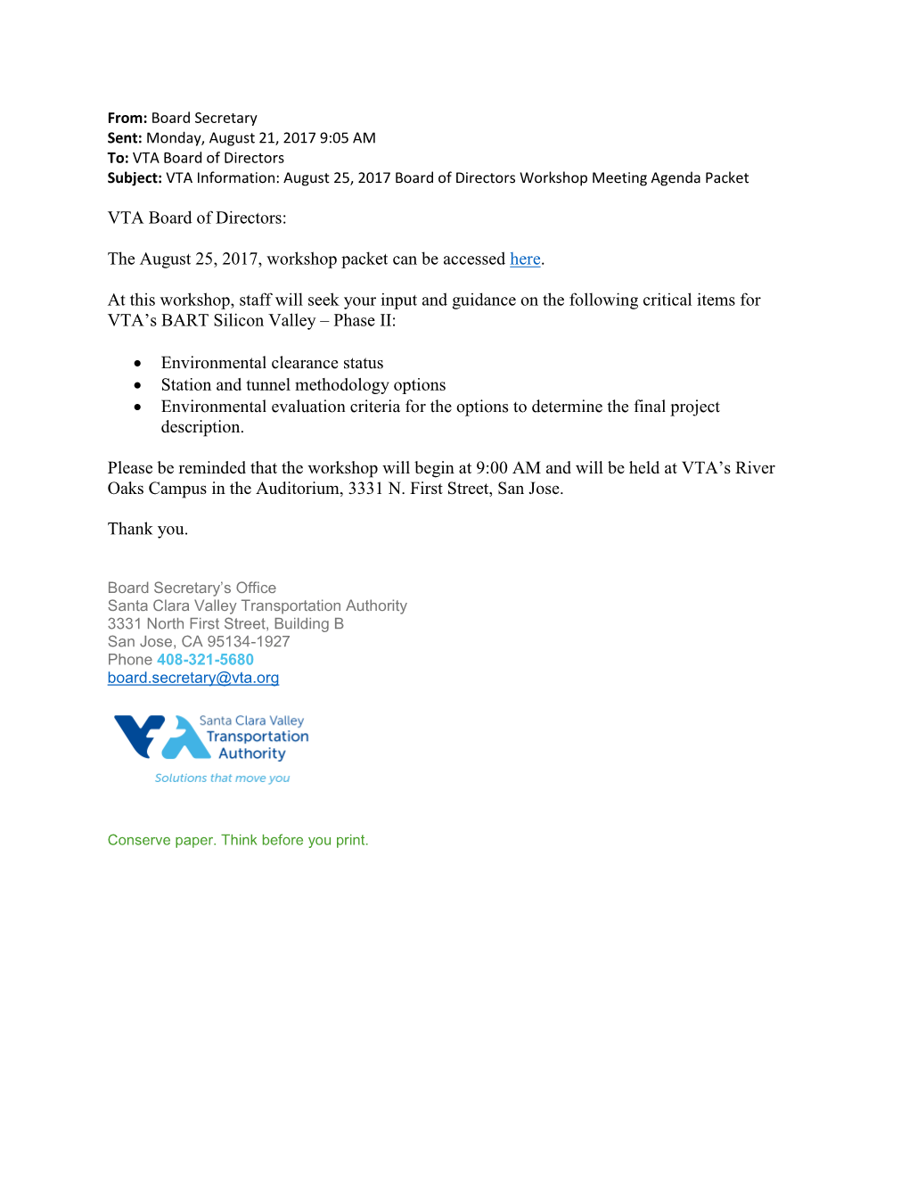 VTA Board of Directors Subject: VTA Information: August 25, 2017 Board of Directors Workshop Meeting Agenda Packet